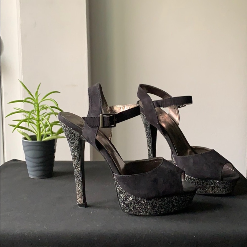 Black Suede & Sparkling Ankle Strap Platform Heels